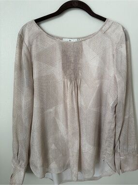 H by Halston Blush and Taupe Geometric Long-Sleeve Blouse